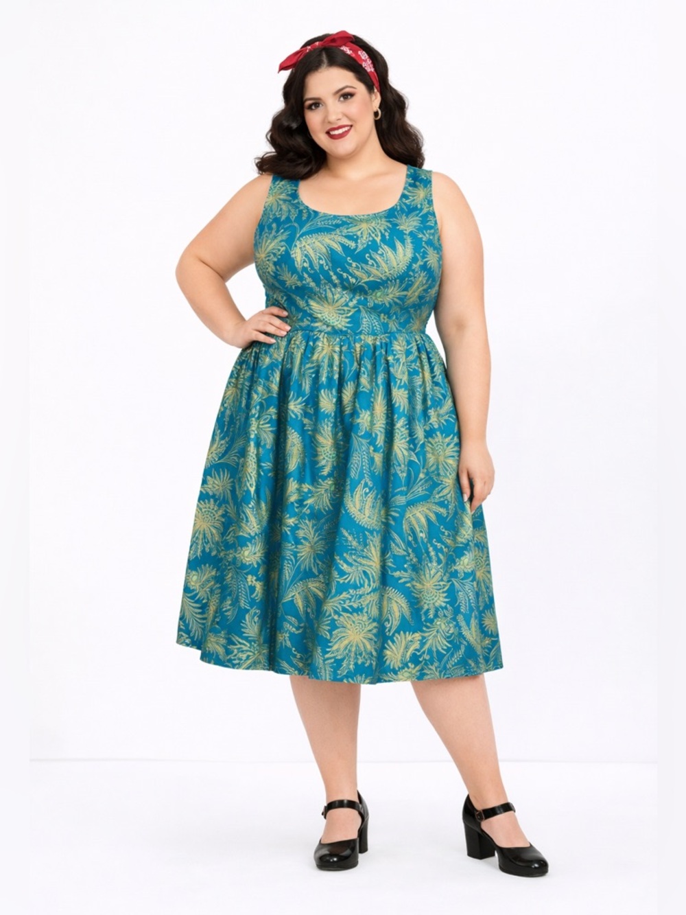 RETROLICIOUS Sleeveless Cotton Teal and Gold Dress Summer‎ Botanical Pockets 2X